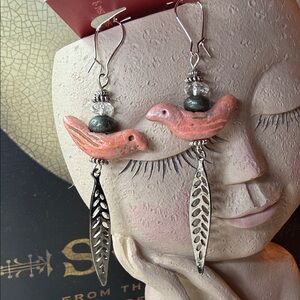 bohemian Bird, pyrite, quartz crystal & leaf dangle Earrings